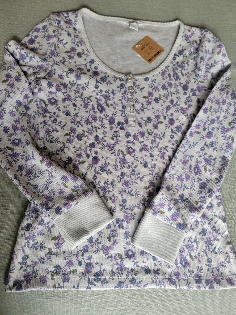 Women's Floral Thermal Henley Sweater - Lavender/Gray